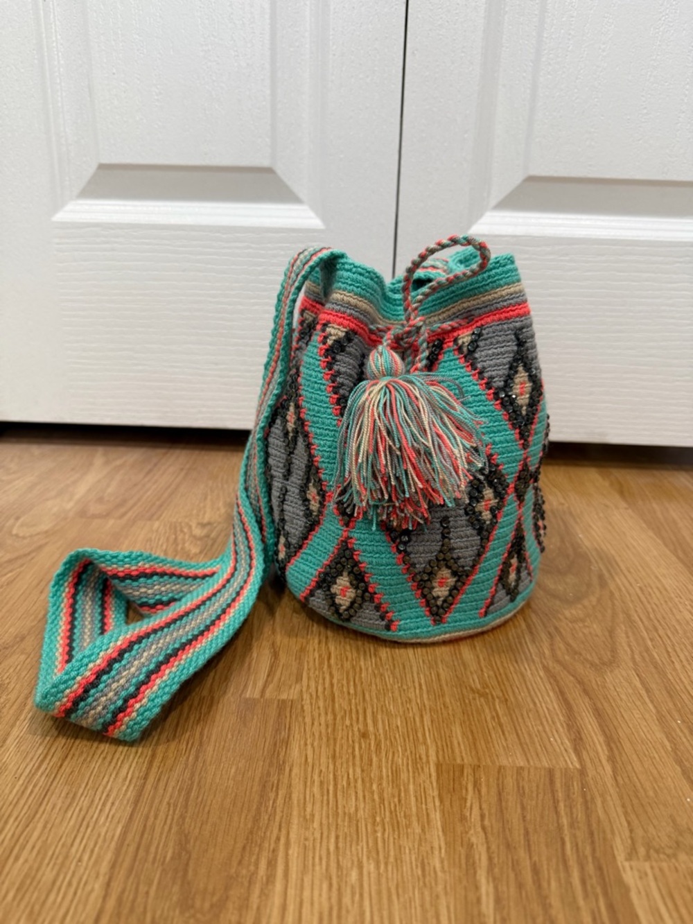 Handmade Turquoise Geo Knit Colombian Bag - Unbranded